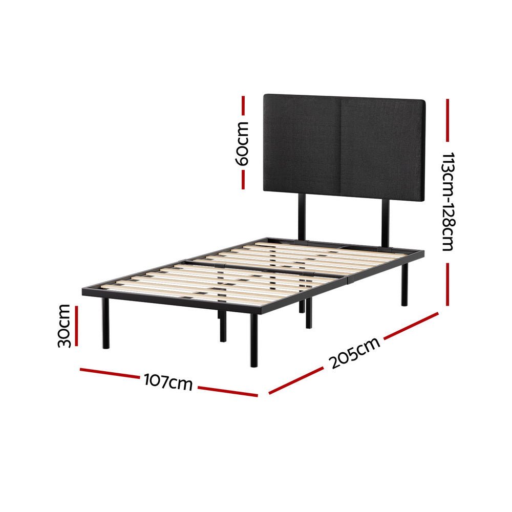 King Single Package | Norwood Modern Bed Frame Black with fabric headboard and wooden slats for mattress support