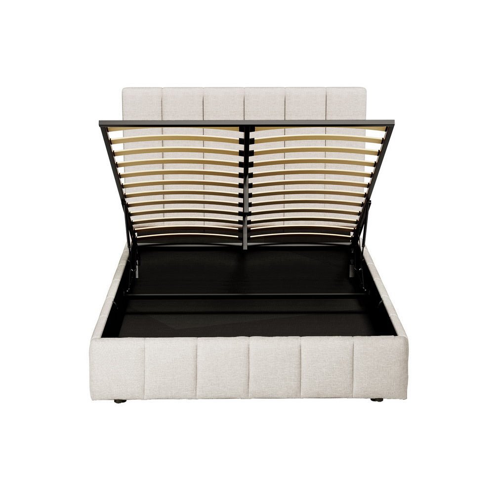 Queen Package | Aldinga Bed Frame Beige with gas lift storage system and Bonita Pillow Top Mattress Medium Firm in beige upholstery