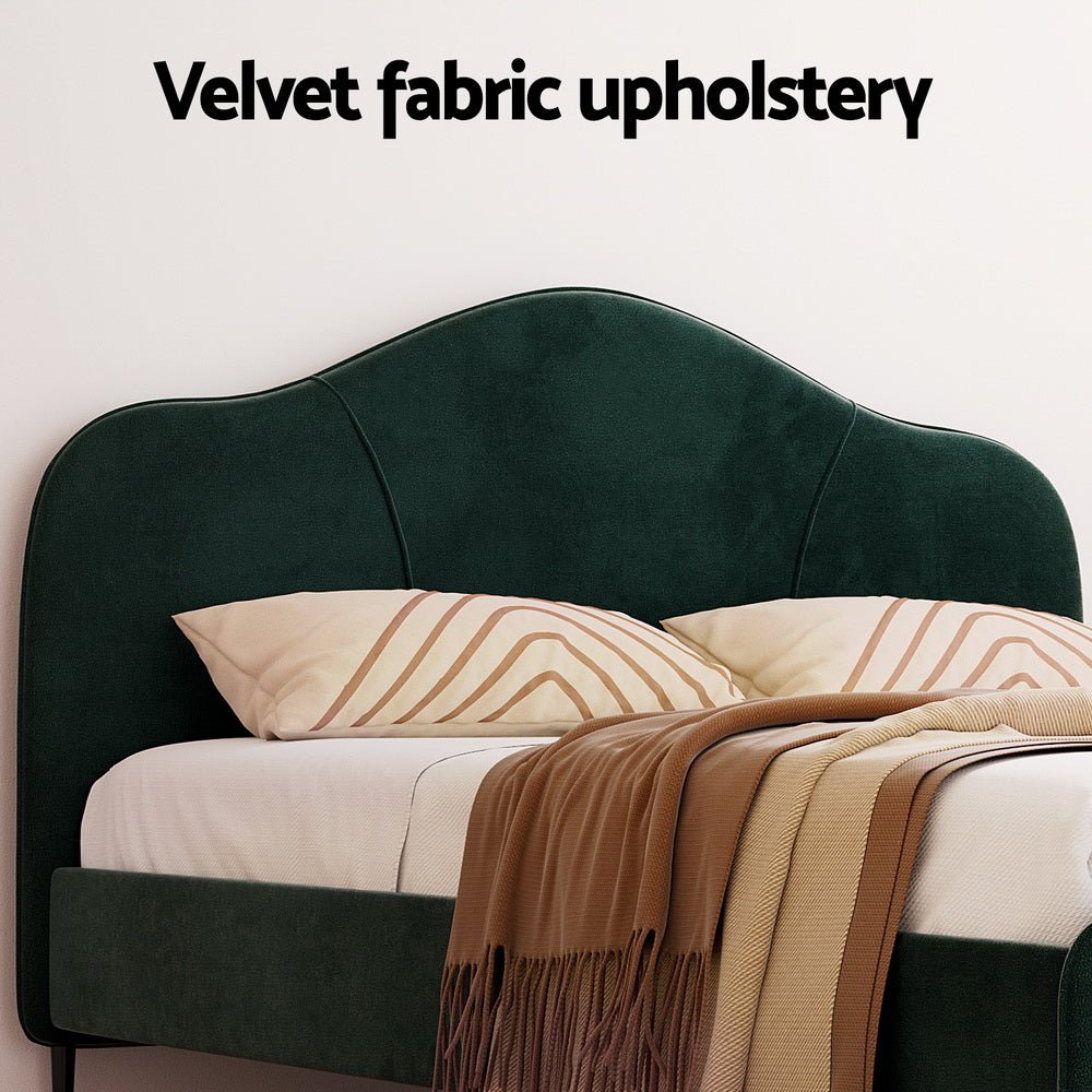 Queen Package | Daintree Velvet Bed Dark Green & Bonita Pillow Top Mattress (Medium Firm) with dark green velvet upholstery and bedding