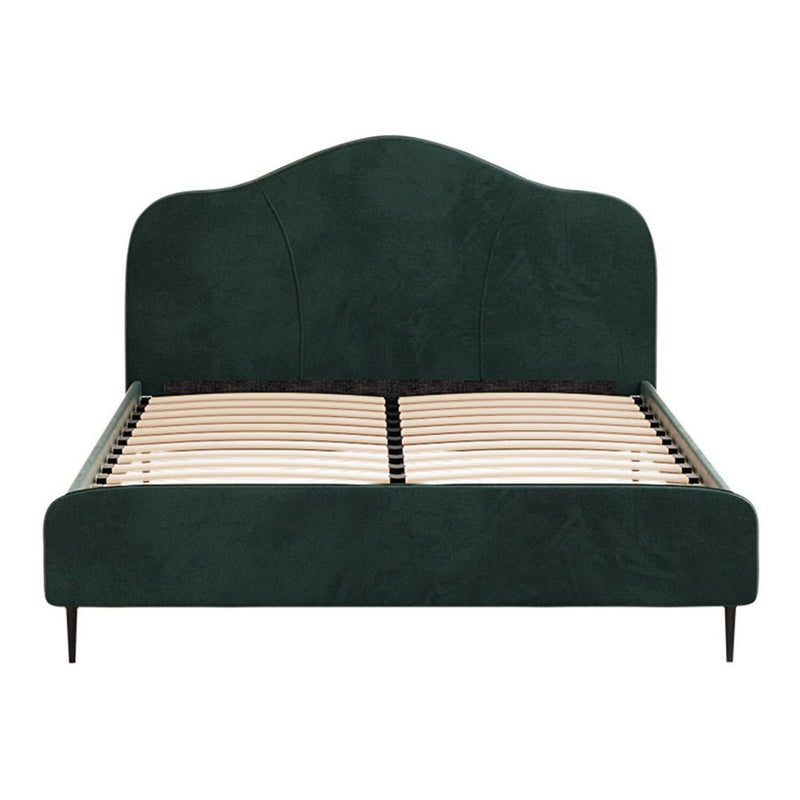 Queen Package | Daintree Velvet Bed Dark Green with curved headboard and wooden slats, metal legs, shown without mattress