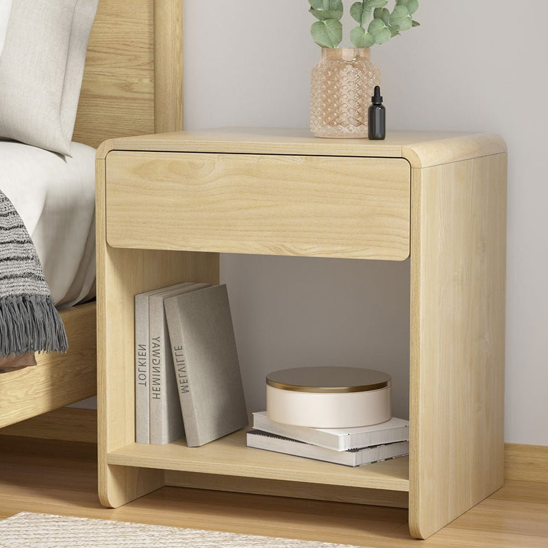 Bedside Table Drawer Open Shelf Pine - Furniture > Bedroom - Bedzy Australia