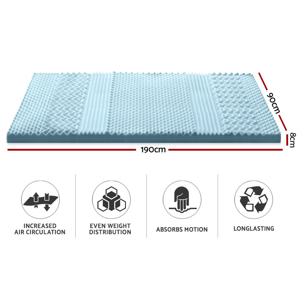 Cool Gel 7 - zone Memory Foam Mattress Topper w/Bamboo Cover 8cm - Single - Bedzy Australia