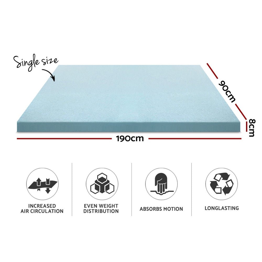 Cool Gel Memory Foam Mattress Topper w/Bamboo Cover 8cm - Single - Bedzy Australia