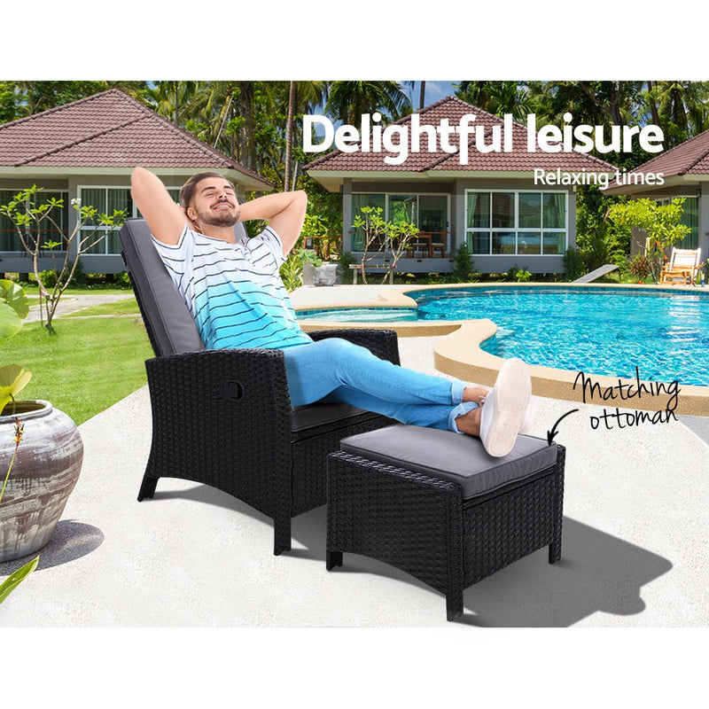 Elise Outdoor Recliner Chair with Ottoman Black - Bedzy Australia