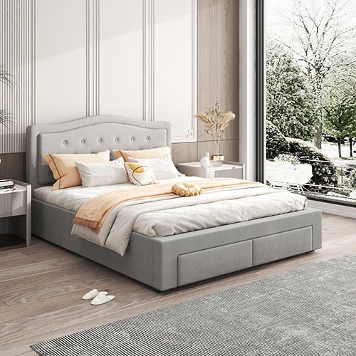 Emily Bed Frame Queen Size Velvet Fabric Grey Four MDF Drawers with Wheels - Furniture > Bedroom > Beds & Bed Frames - Bedzy Australia