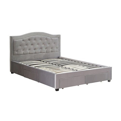 Emily Bed Frame Queen Size Velvet Fabric Grey Four MDF Drawers with Wheels - Furniture > Bedroom > Beds & Bed Frames - Bedzy Australia
