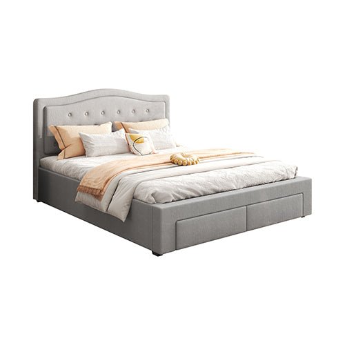 Emily Bed Frame Queen Size Velvet Fabric Grey Four MDF Drawers with Wheels - Furniture > Bedroom > Beds & Bed Frames - Bedzy Australia