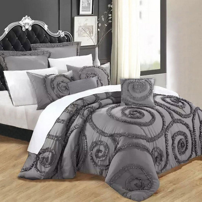 Floral Ruffled Charcoal 7 Pcs Deluxe Comforter Set Queen - Home & Garden > Bathroom Accessories - Bedzy Australia