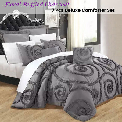 Floral Ruffled Charcoal 7 Pcs Deluxe Comforter Set Queen - Home & Garden > Bathroom Accessories - Bedzy Australia