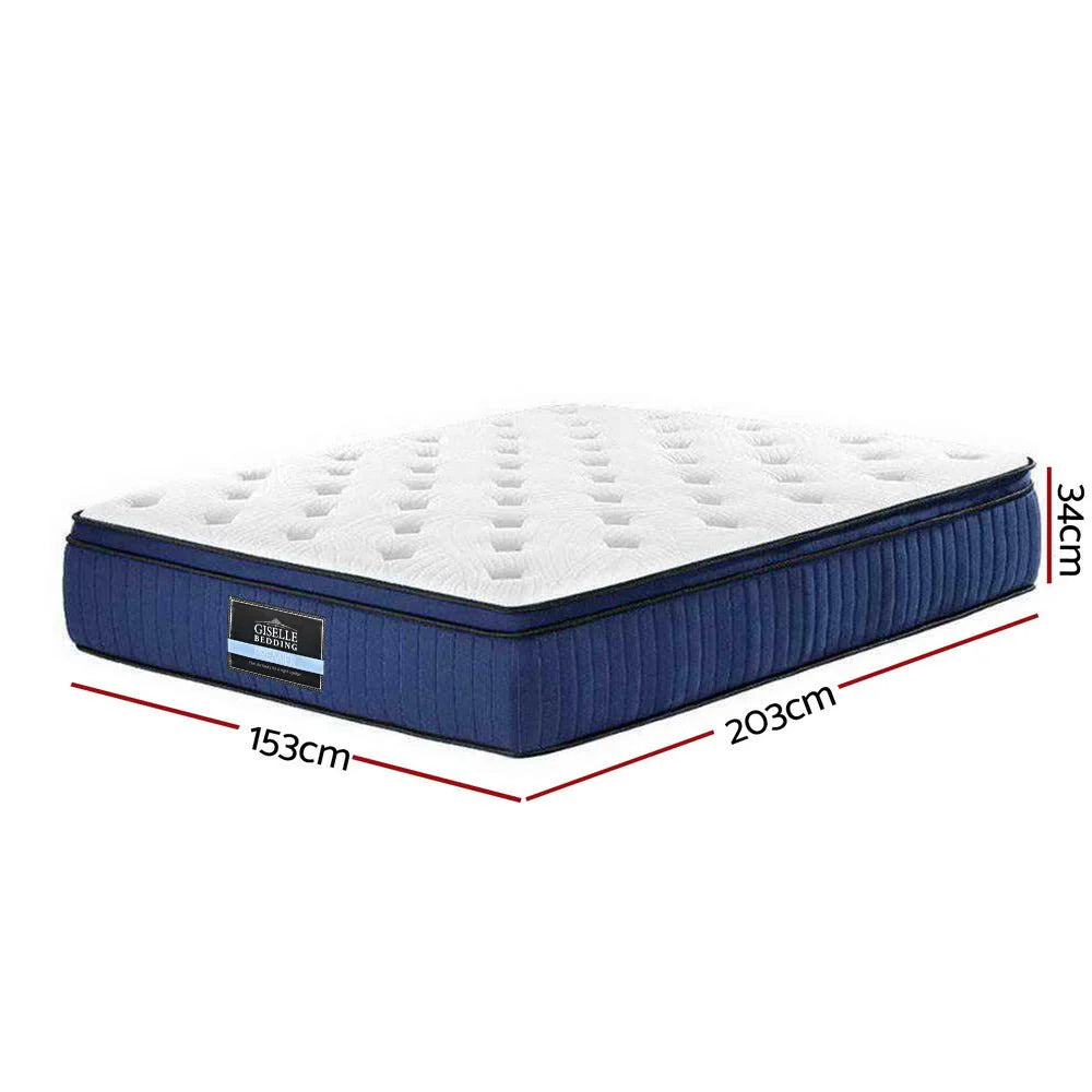 Queen Comfort Package | Franky Euro Top Cool Gel Mattress (Medium Firm) with plush white top and blue sides, 153x203x34cm