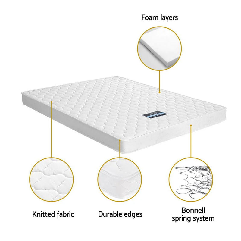 King Single Premium Package mattress showing knitted fabric, durable edges, foam layers, and Bonnell spring system details