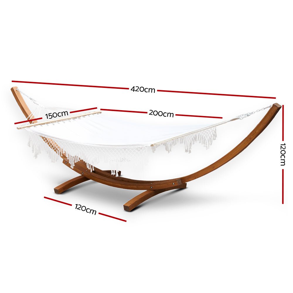 Hammock Bed Outdoor Camping Garden Tassel Timber Hammock White - Home & Garden > Hammocks - Bedzy Australia