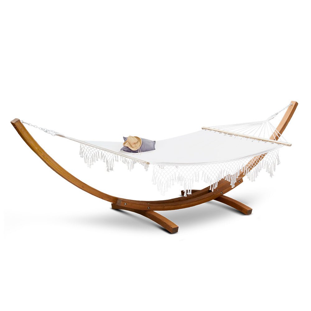 Hammock Bed Outdoor Camping Garden Tassel Timber Hammock White - Home & Garden > Hammocks - Bedzy Australia