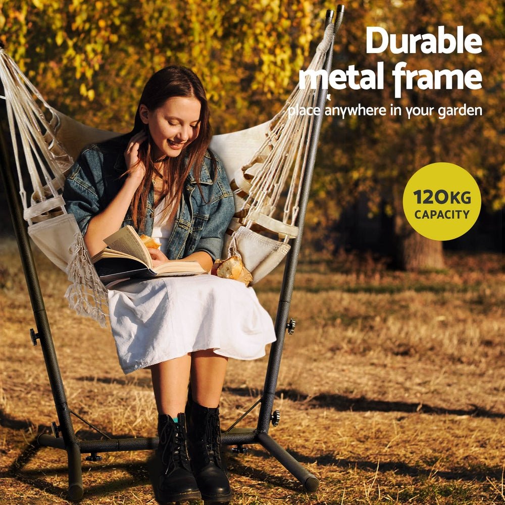 Hammock Chair Outdoor Camping Hanging with Stand Cream - Home & Garden > Hammocks - Bedzy Australia
