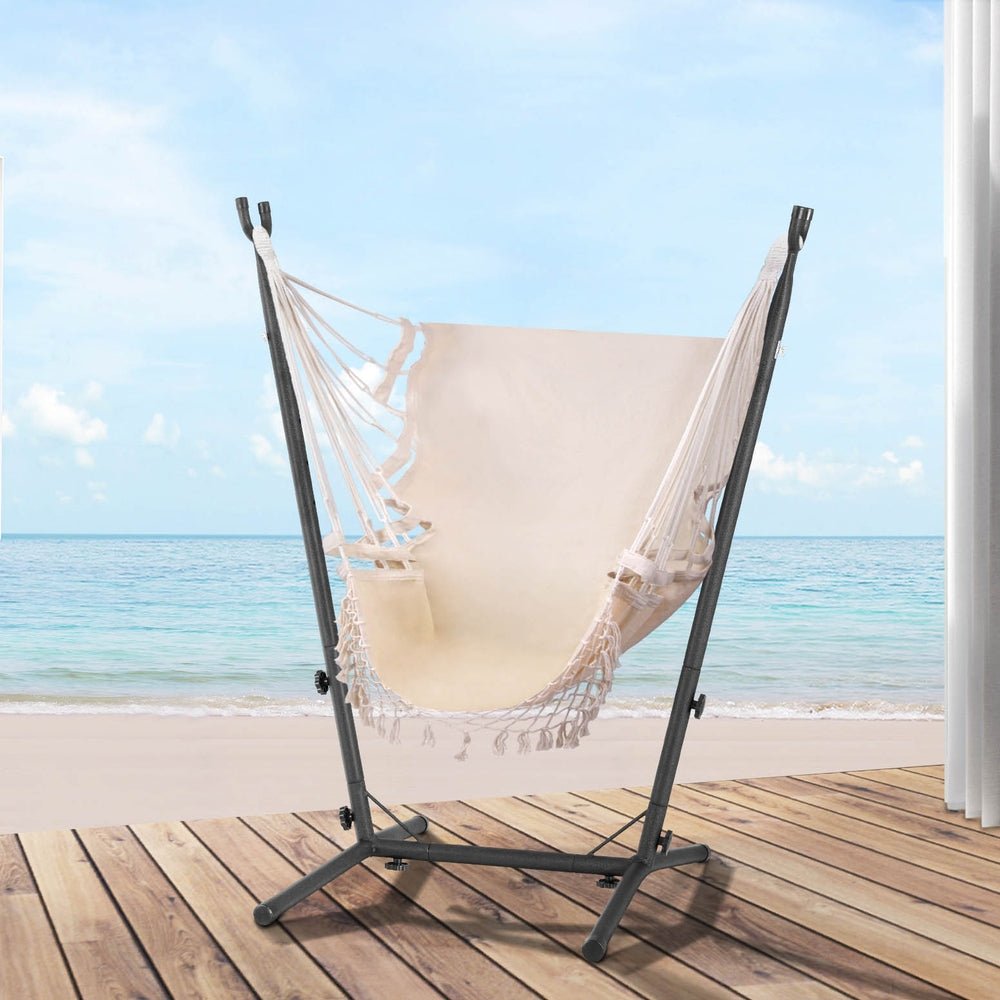 Hammock Chair Outdoor Camping Hanging with Stand Cream - Home & Garden > Hammocks - Bedzy Australia