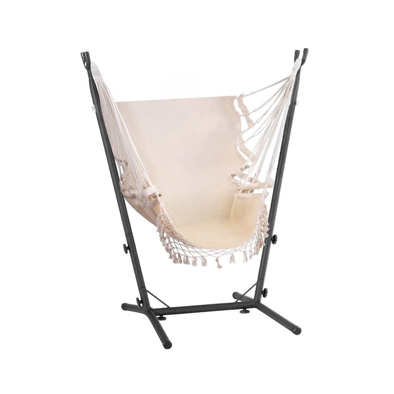Hammock Chair Outdoor Camping Hanging with Stand Cream - Home & Garden > Hammocks - Bedzy Australia