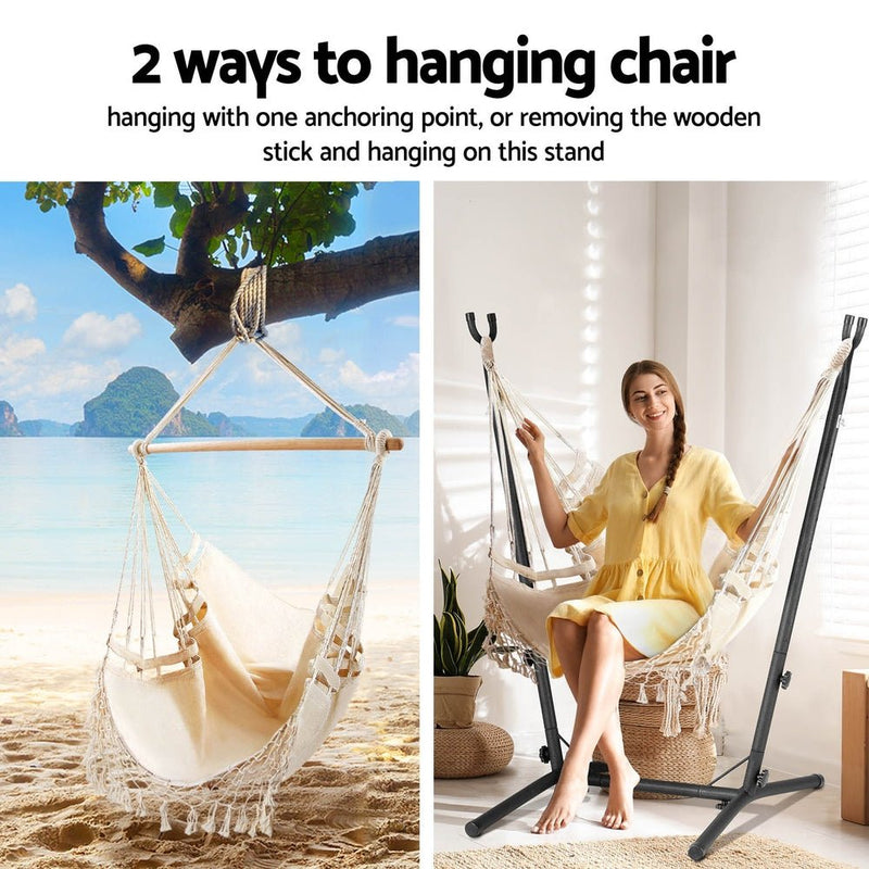 Hammock Chair Outdoor Camping Hanging with Stand Cream - Home & Garden > Hammocks - Bedzy Australia