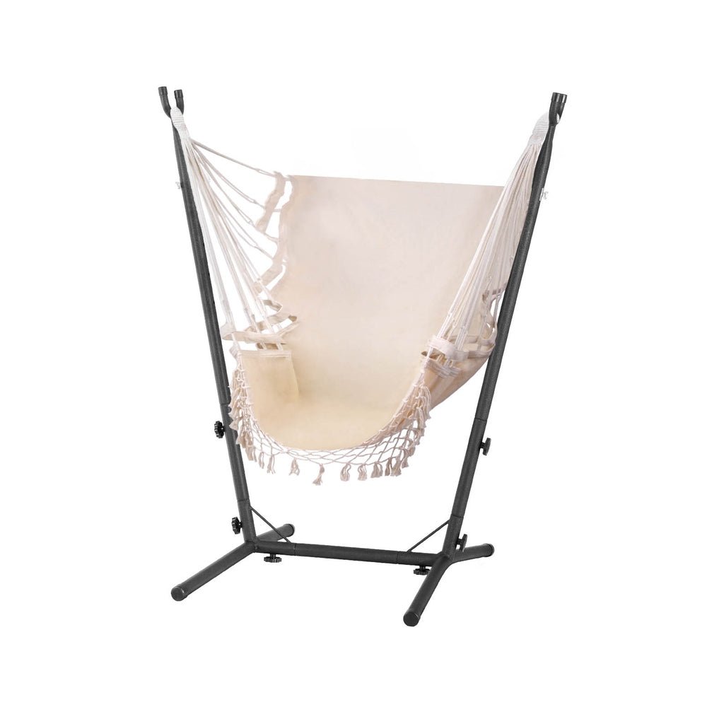 Hammock Chair Outdoor Camping Hanging with Stand Cream - Home & Garden > Hammocks - Bedzy Australia