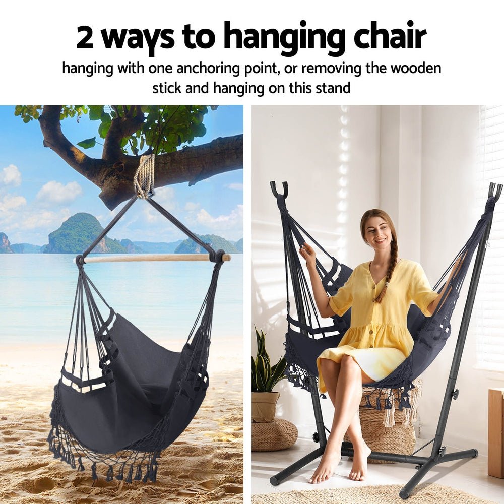 Hammock Chair Outdoor Camping Hanging with Stand Grey - Home & Garden > Hammocks - Bedzy Australia