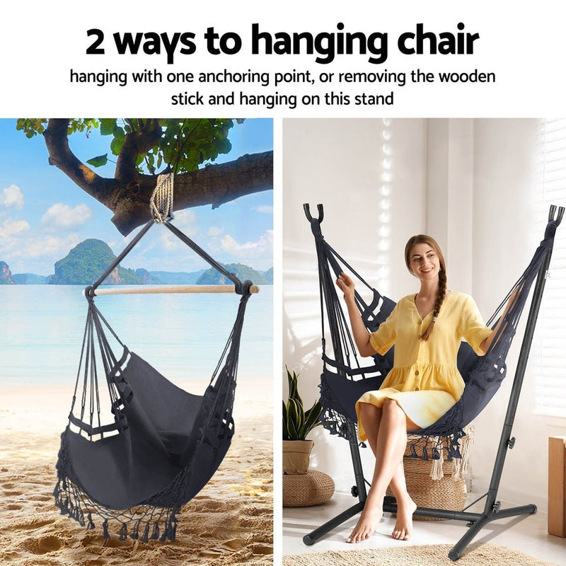 Hammock Chair Outdoor Camping Hanging with Stand Grey - Home & Garden > Hammocks - Bedzy Australia