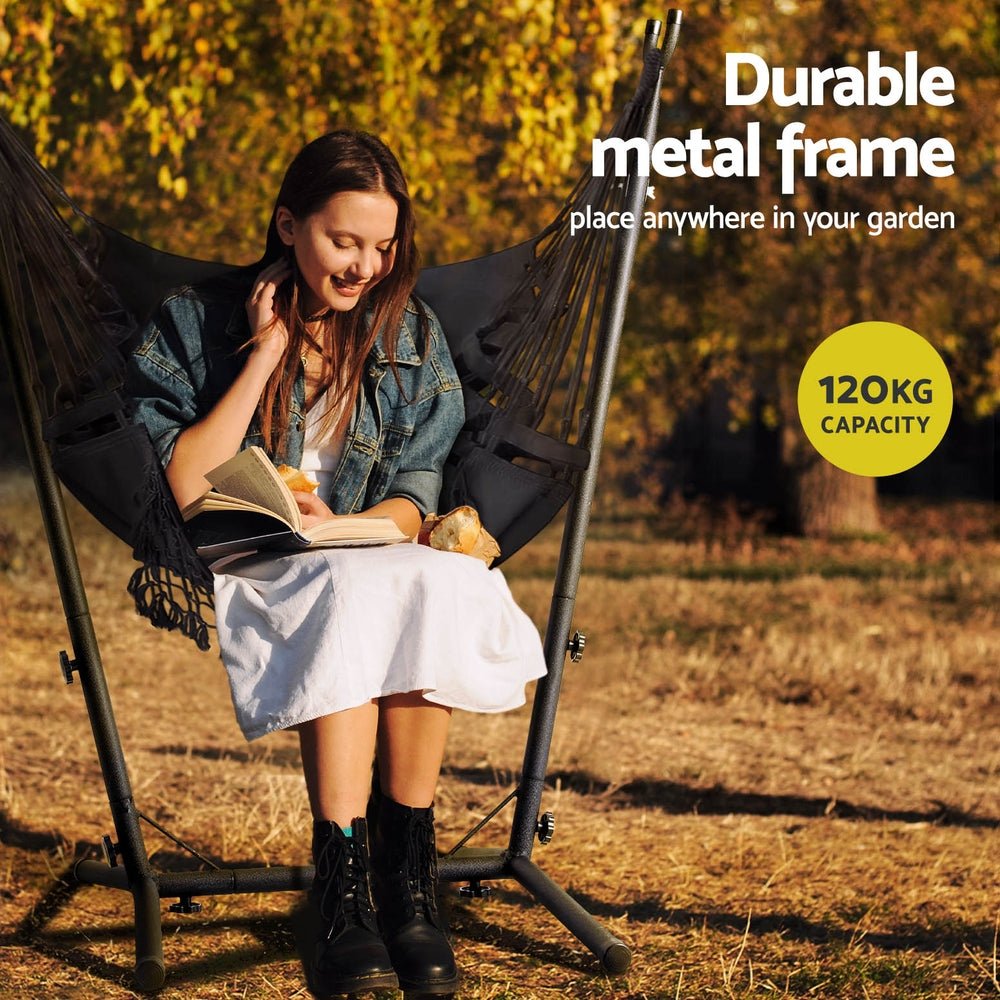 Hammock Chair Outdoor Camping Hanging with Stand Grey - Home & Garden > Hammocks - Bedzy Australia