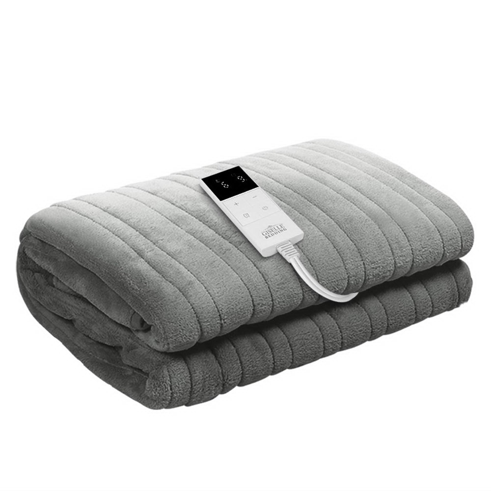 Heated Electric Throw Rug Fleece Sunggle Blanket Washable Silver - Bedzy Australia