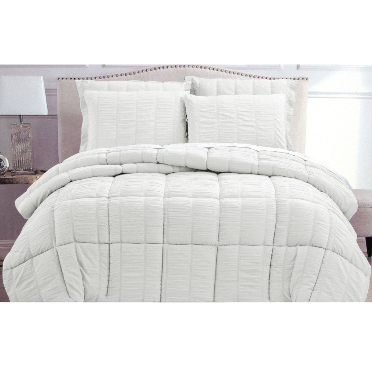 Hotel Living Seersucker Comforter Set Queen White - Home & Garden > Bedding - Bedzy Australia