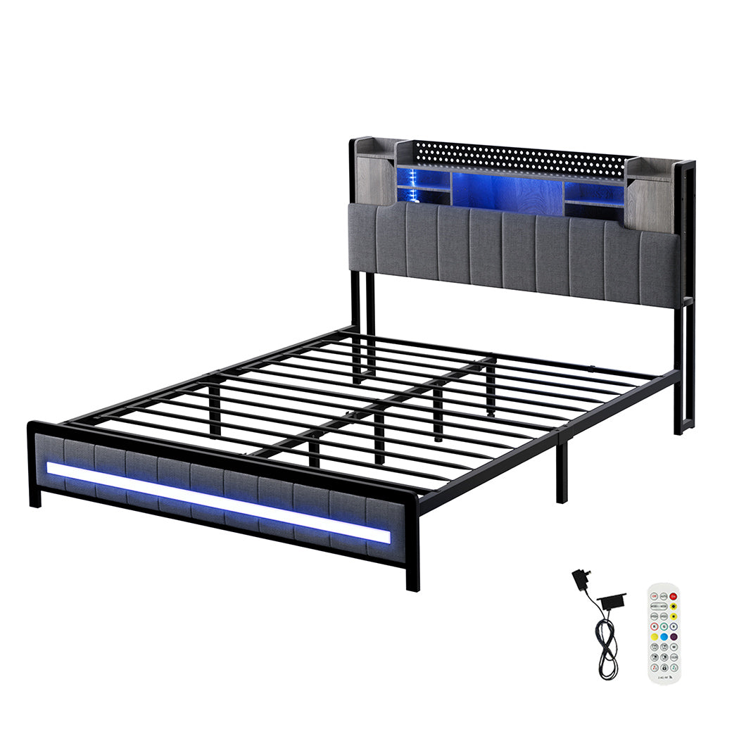 Levede Double Bed Frame with Storage Headboard RGB LED-1954802449730637824