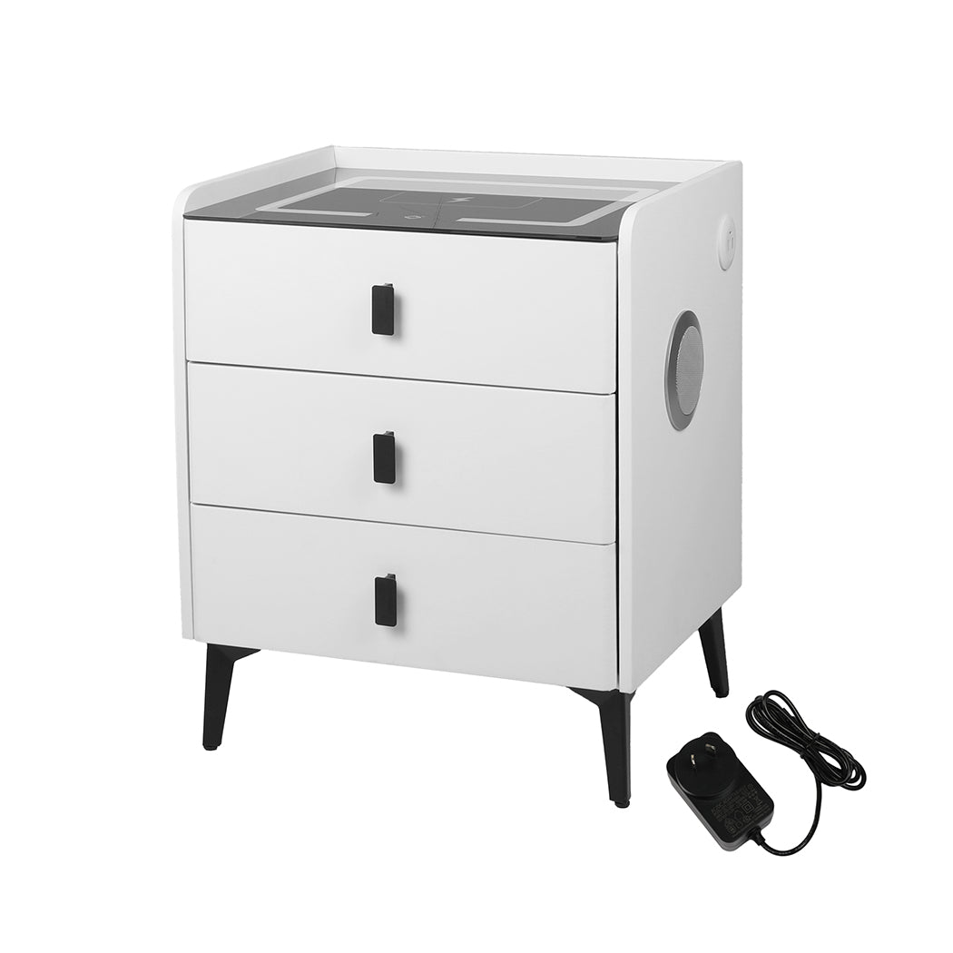 3 Drawer Smart Bedside Table with Wireless Charging, LED Lights and Bluetooth - White with black handles and legs on white background