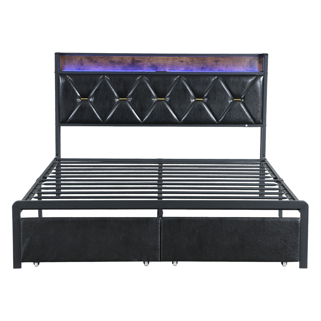 Levede Double Metal Bed Frame LED Lights 2 Drawers-1954802443862806529