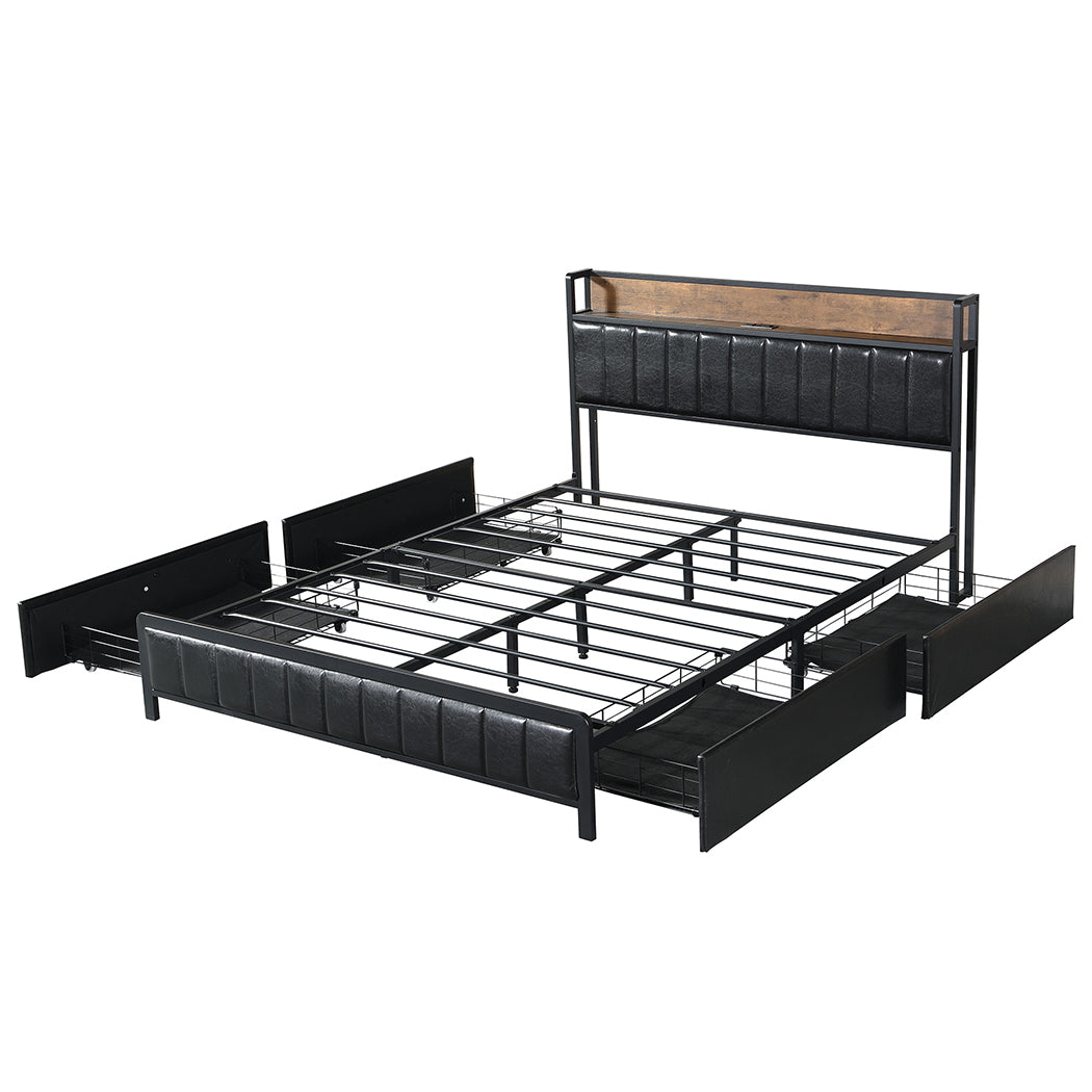 Levede Queen Bed Frame PU 4 Drawer USB Charge-1910113213018673153