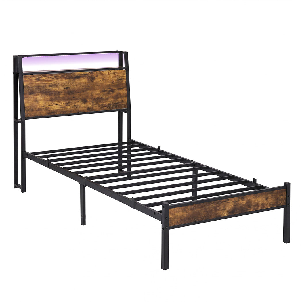 Levede Single Bed Frame LED Lights USB Charging Storage Headboard Metal Platform-2100002239765680129