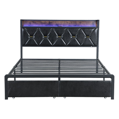 Levede Queen Metal Bed Frame LED Lights 2 Drawers-1954802444034772993