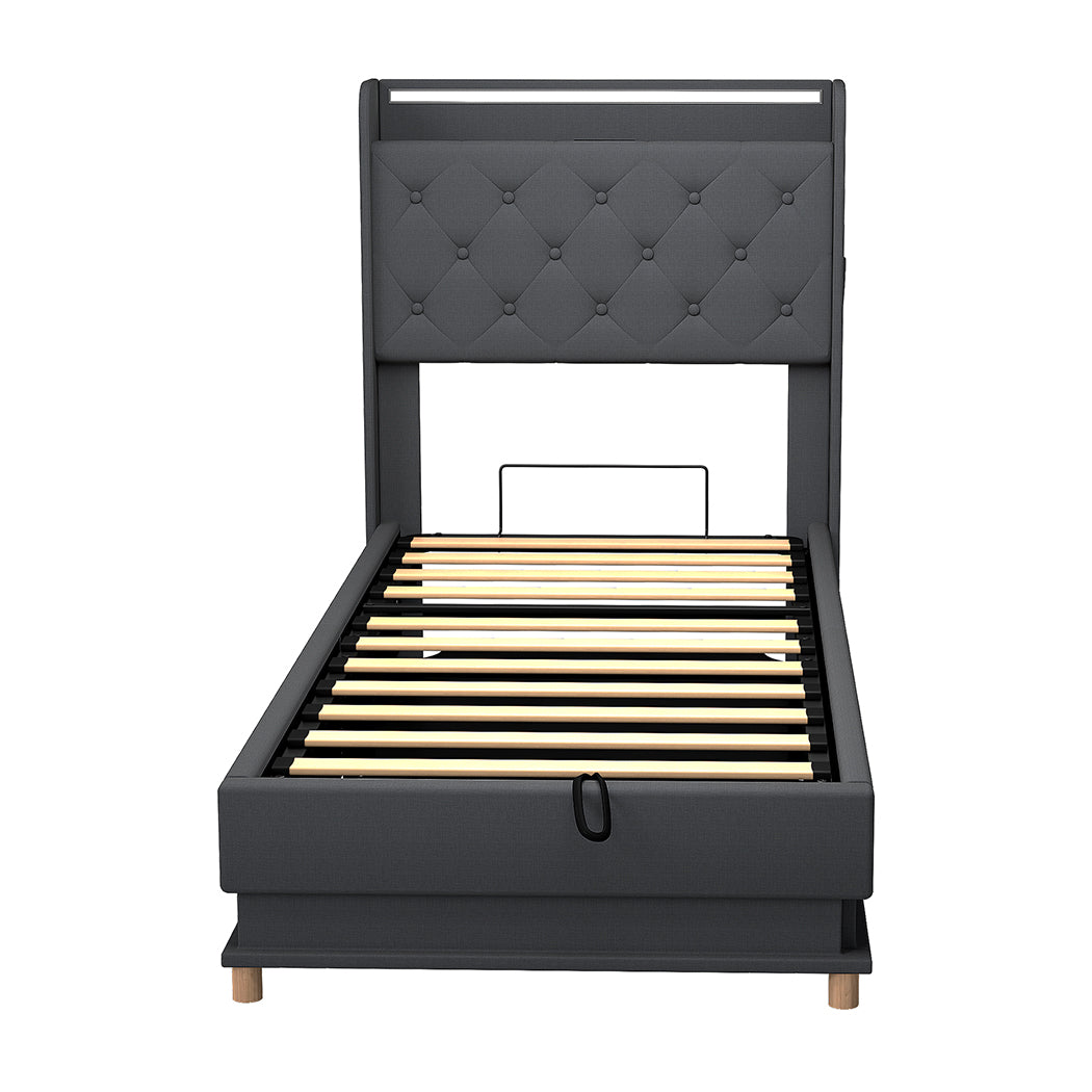 Single Package | Mitchell LED Gas Lift Storage Bed Grey & Glay Bonnell Spring Mattress (Medium Firm)