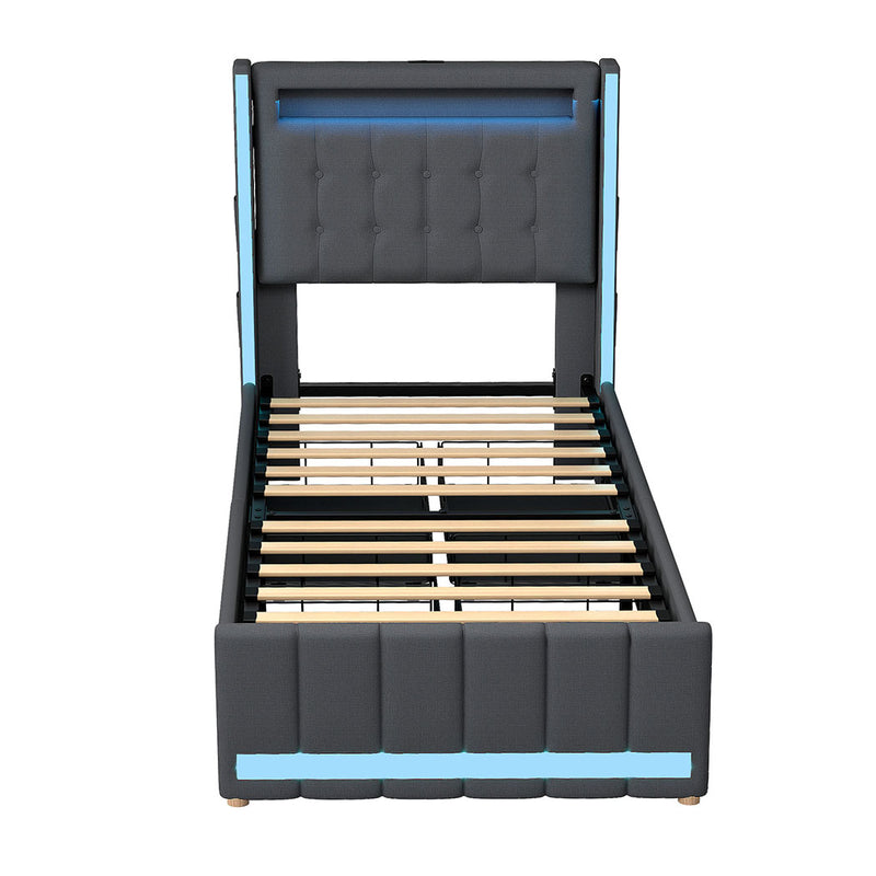 Levede Single Bed Frame Fabric Storage Drawer LED USB-1973194180901605377