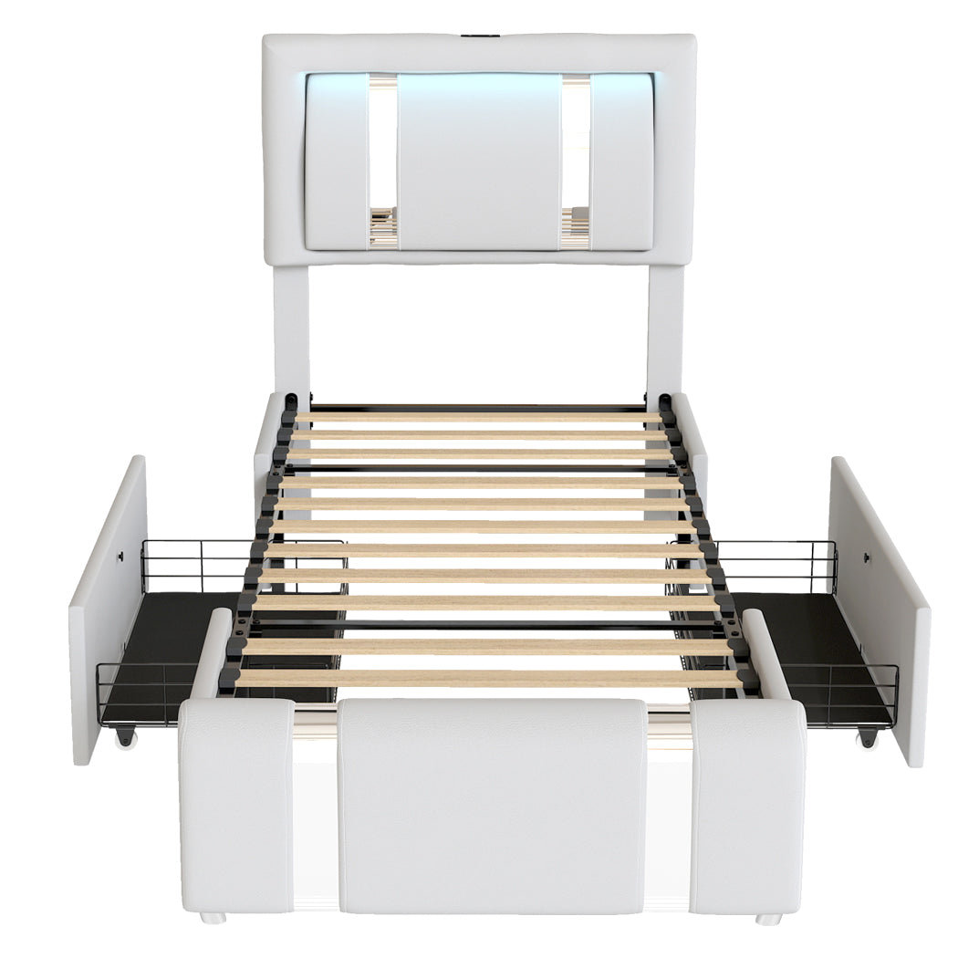 Single Package | Brighton LED Storage Bed Frame White & Glay Bonnell Spring Mattress (Medium Firm)