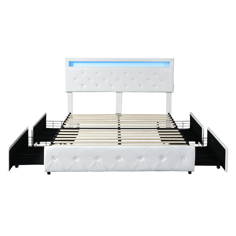 Levede Double Bed Frame RGB LED PU 4 Drawer USB-1954802376502284289