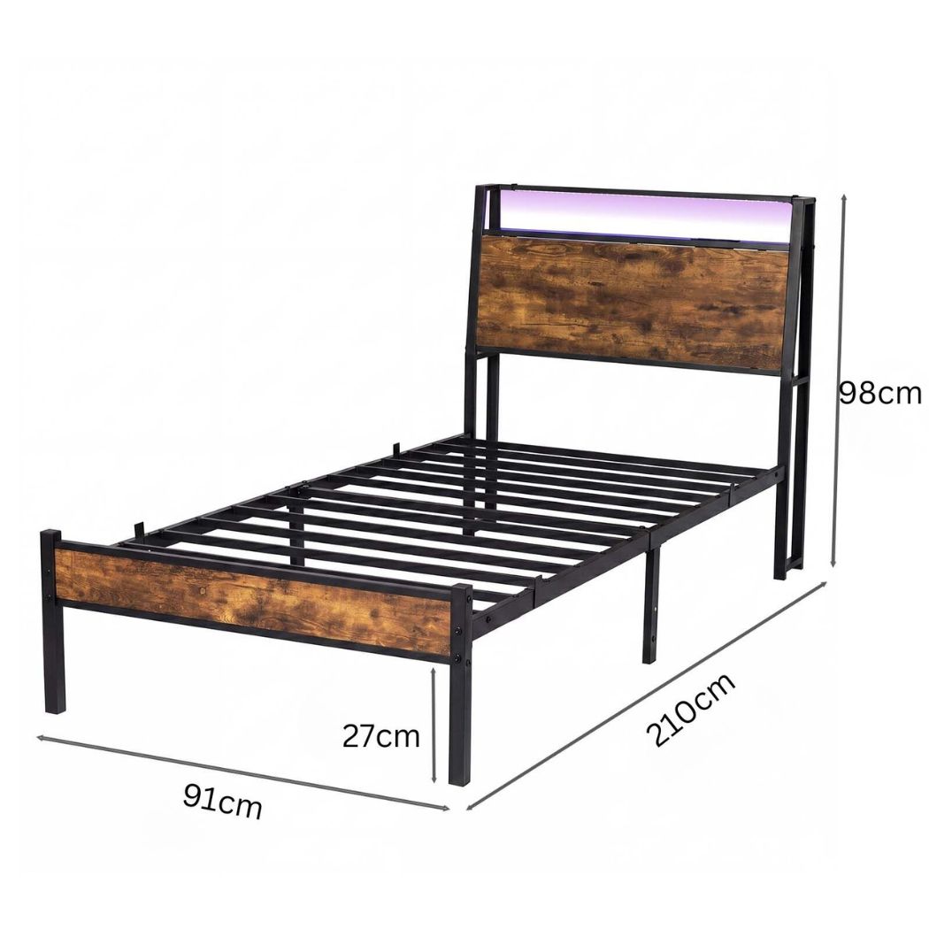 Levede Single Bed Frame LED Lights USB Charging Storage Headboard Metal Platform-2100002239765680130