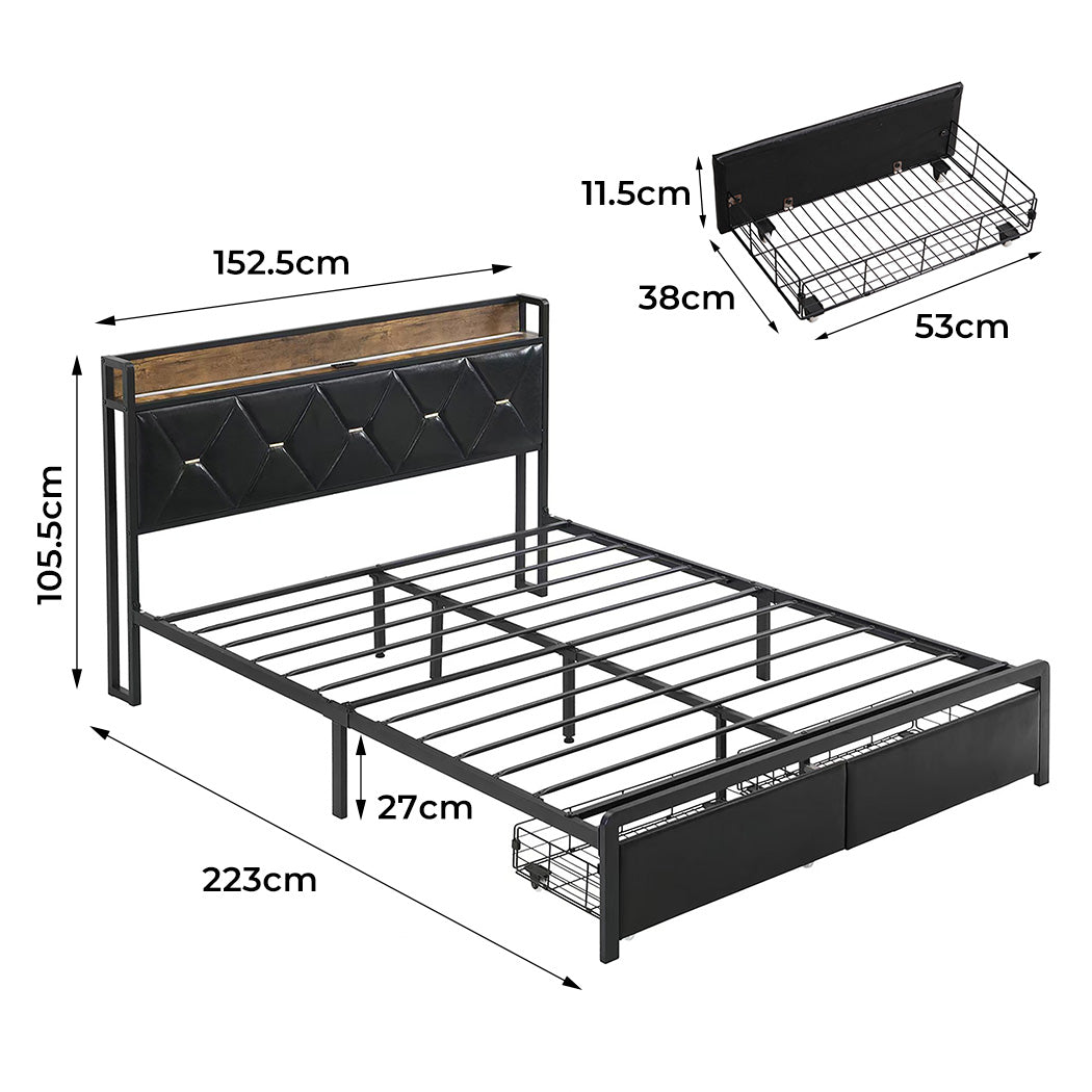 Levede Queen Metal Bed Frame LED Lights 2 Drawers-1954802444034772994