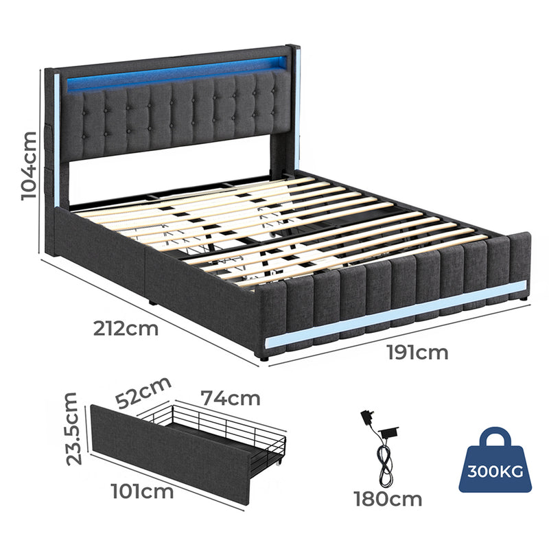 Levede King Bed Frame Fabric Storage Drawer LED USB-1973194180704473090