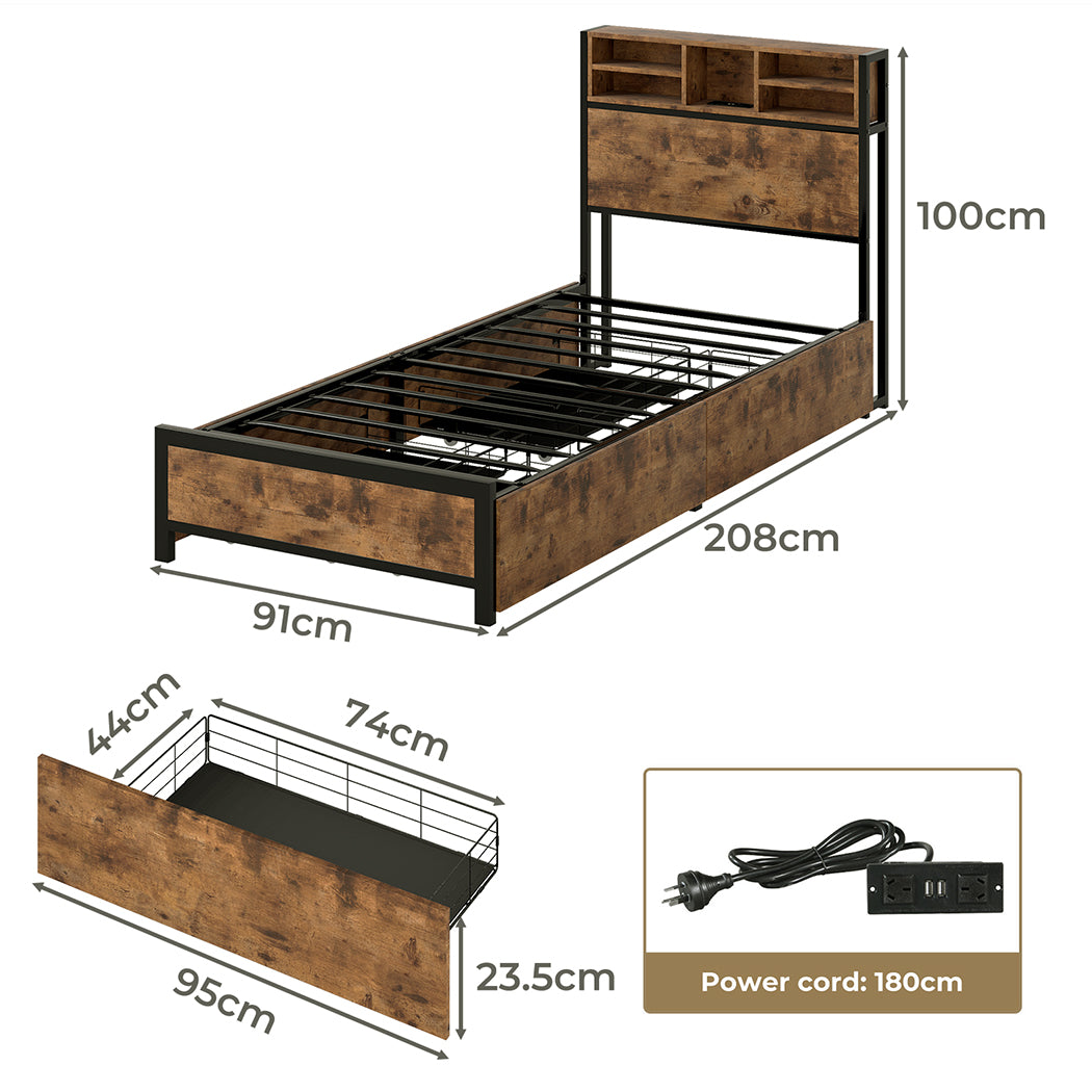 Single Package | Knoxford LED Storage Bed Frame Industrial & Glay Bonnell Spring Mattress (Medium Firm)