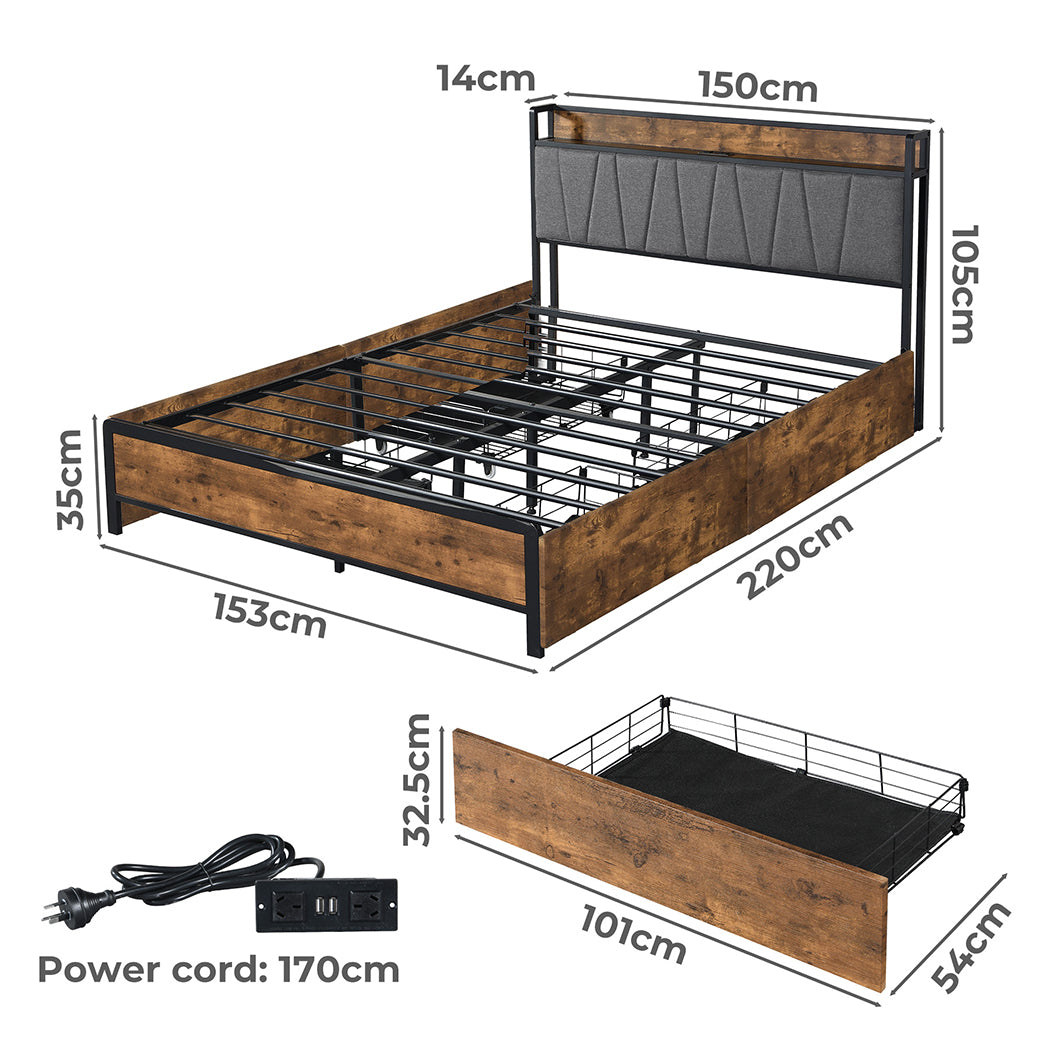 Levede Queen Bed Frame Soft Storage Drawers Headboard USB Charge-1910113213173862402