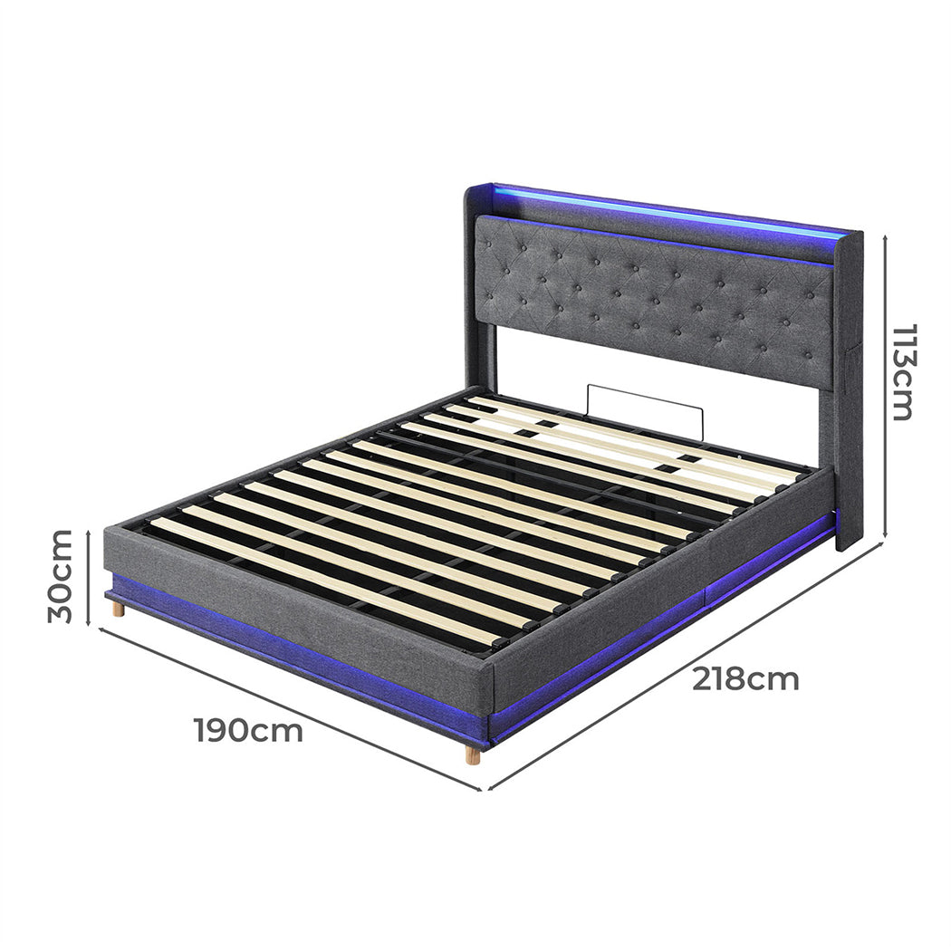 King Package | Mitchell LED Gas Lift Storage Bed Grey & Serenity Euro Top Mattress (Medium Firm)