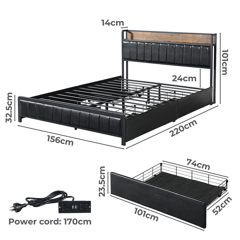 Levede Queen Bed Frame PU 4 Drawer USB Charge-1954802934239858690