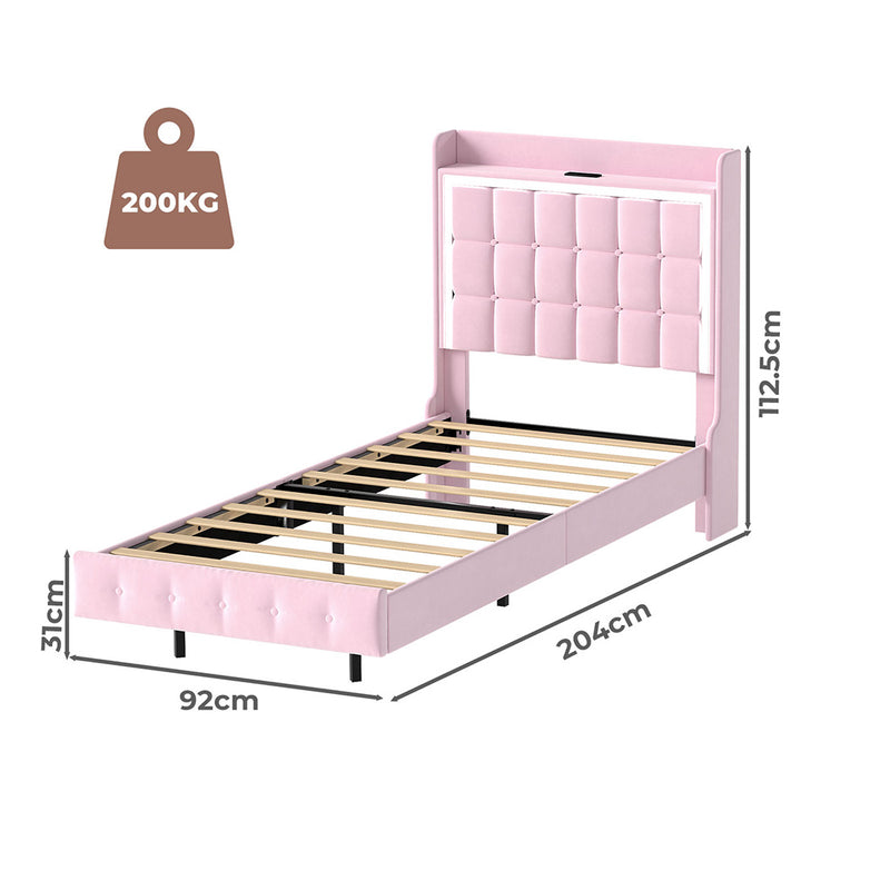 Levede Single Floating Bed Frame LED Headboard USB Pink-1996009956679225346