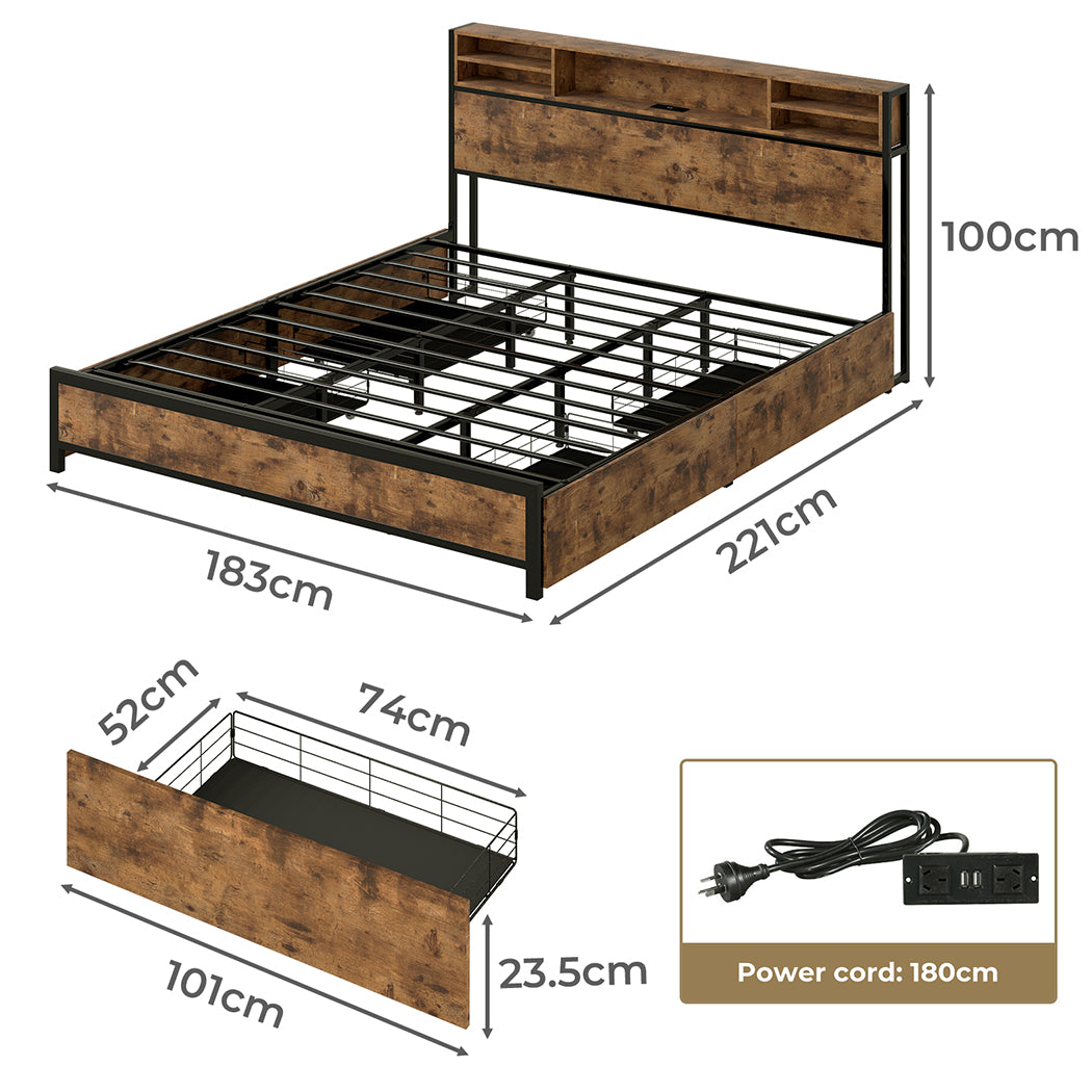 King Package | Knoxford LED Bed Frame with 4 Drawers Brown & Serenity Euro Top Mattress (Medium Firm)