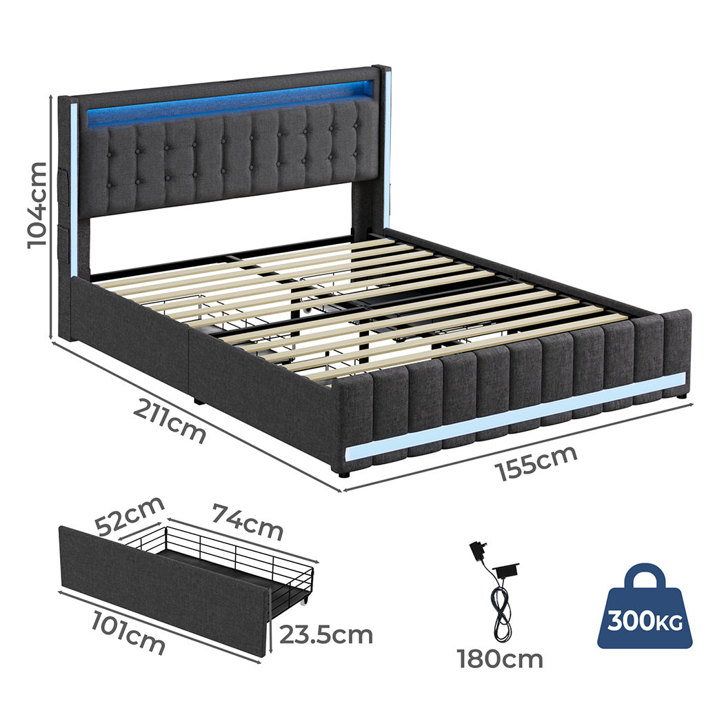 Queen Package | Harrison LED Smart Storage Bed Frame Grey & Serenity Euro Top Mattress (Medium Firm)