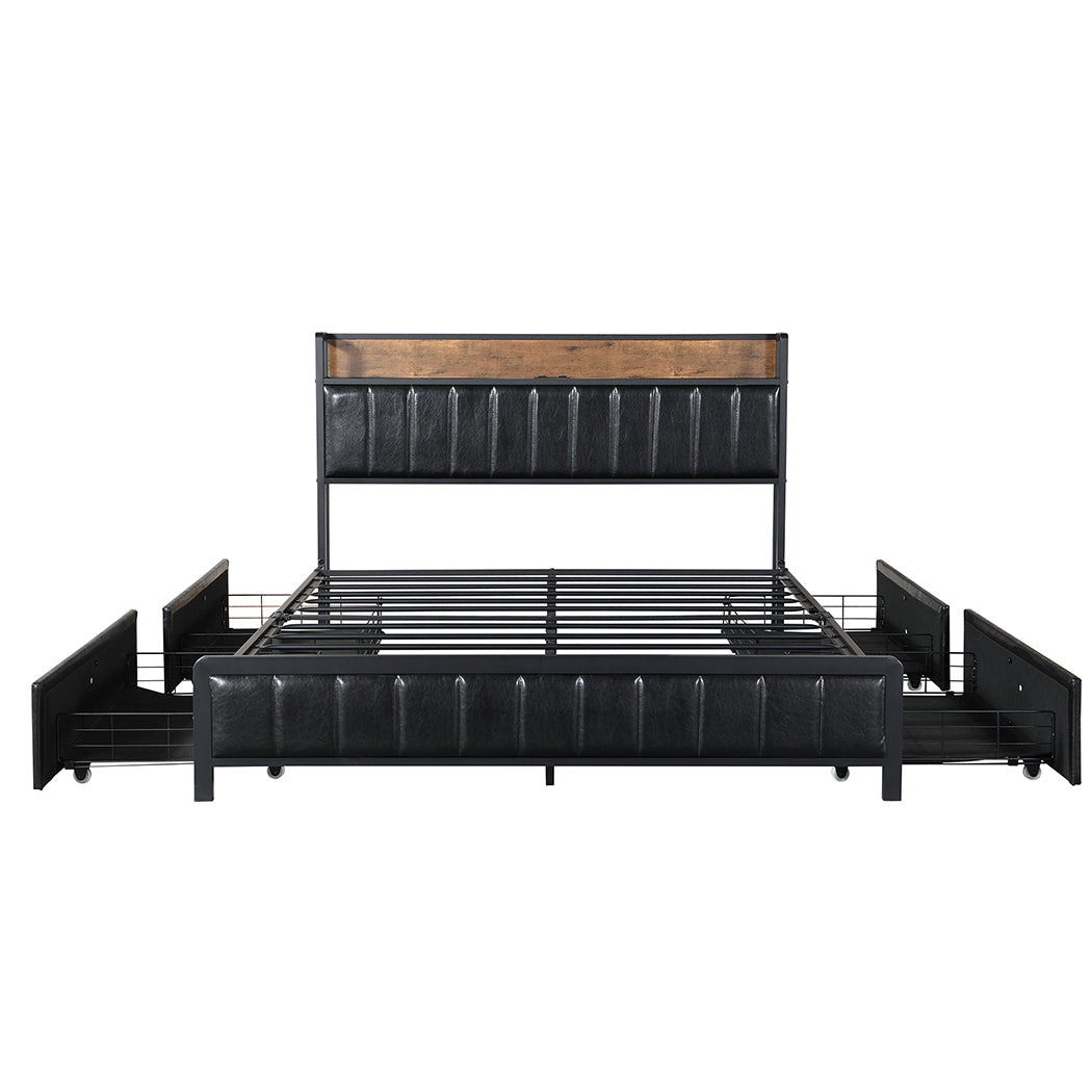Levede Queen Bed Frame PU 4 Drawer USB Charge-1954802934239858692
