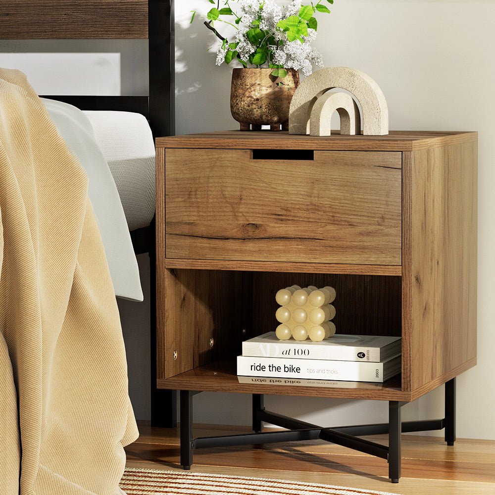 Industrial Style Bedside Table With Drawer Oak - Furniture > Bedroom - Bedzy Australia