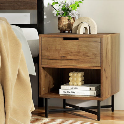 Industrial Style Bedside Table With Drawer Oak - Furniture > Bedroom - Bedzy Australia
